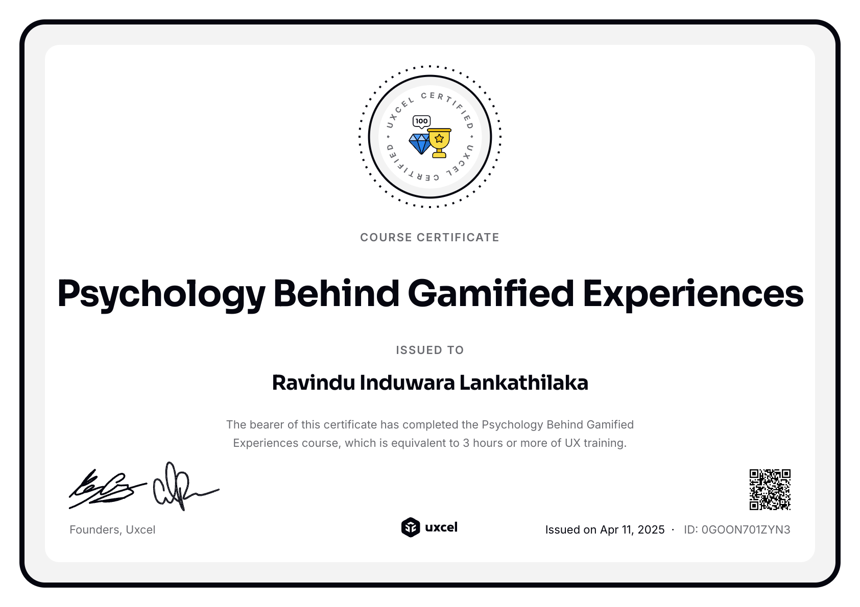 Ravindu Induwara Lankathilaka's certificate